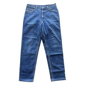 Lands End Plaid Flannel Lined Traditional Fit Dark Denim Blue Jeans Mens 35x33